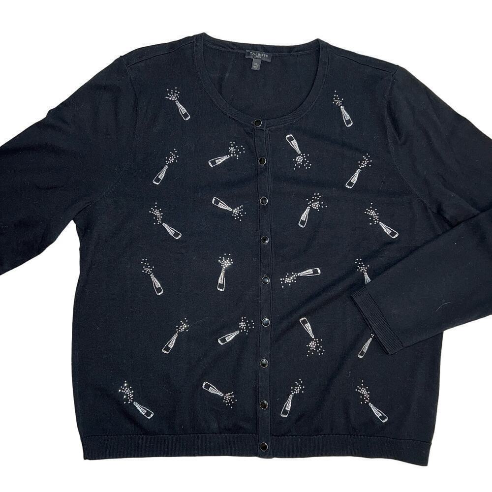Talbot’s Rhinestone Champagne Pop  Black Button Cardigan Sweater Size XL Petite